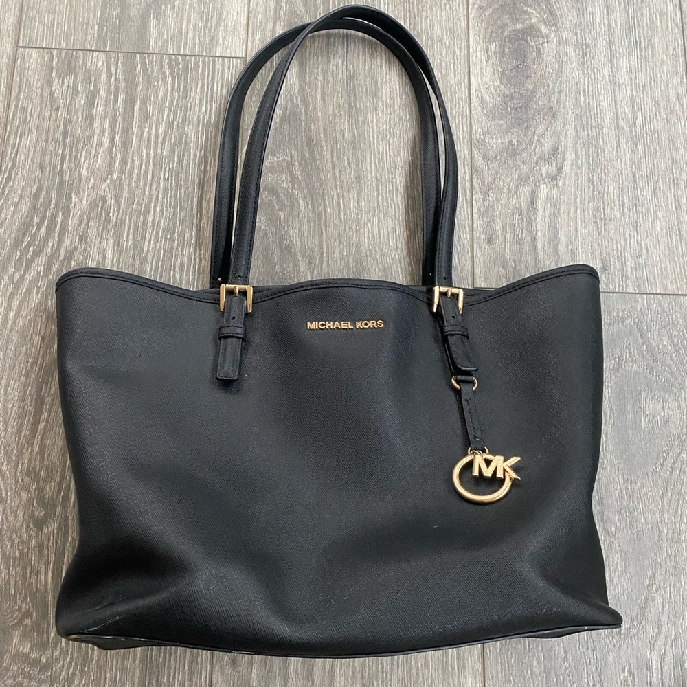 Michael Kors - Black Leather Shoulder Tote Bag with Gold MK Bag Charm